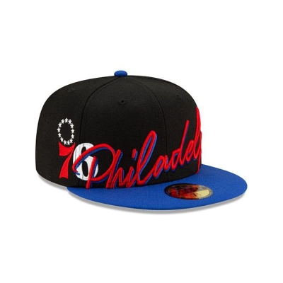 Black Philadelphia 76ers Hat - New Era NBA Cursive 59FIFTY Fitted Caps USA7365204